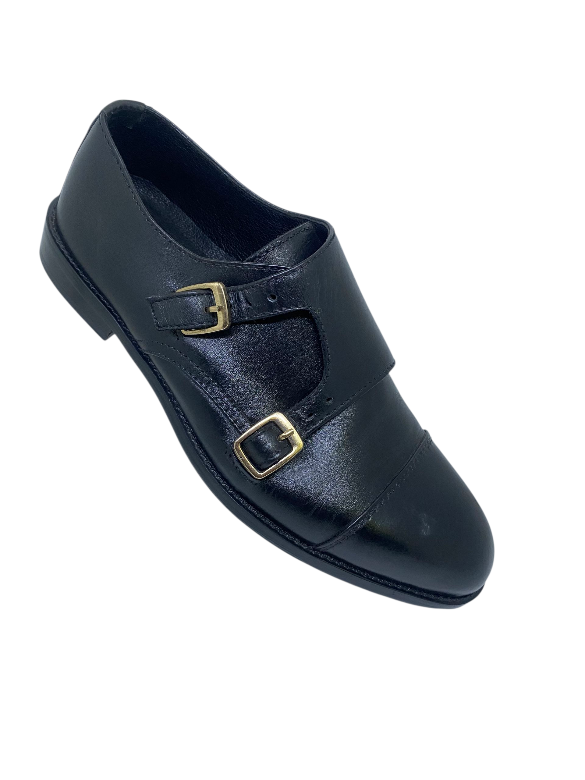 Black Leather Double Monk Strap Shoe
