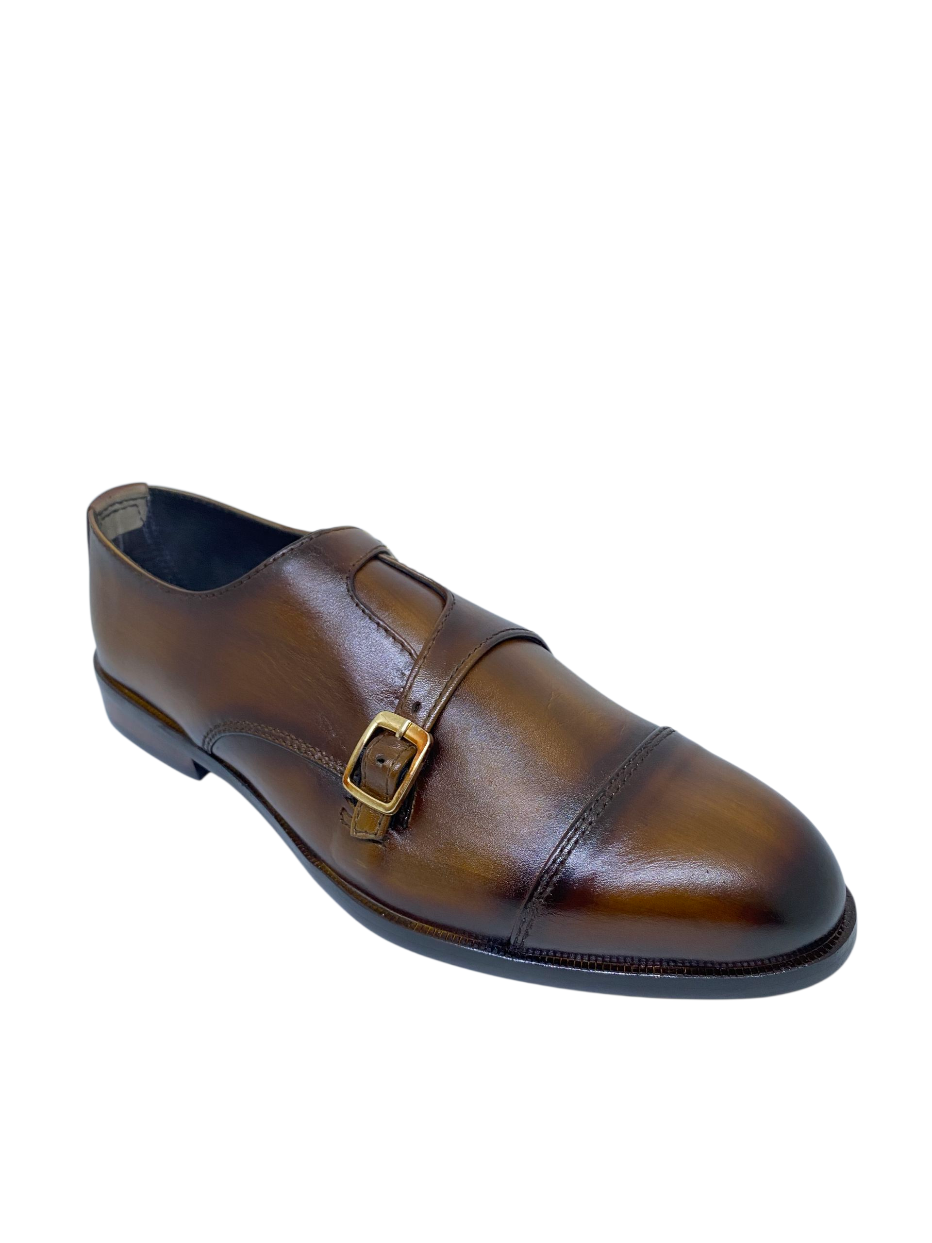 Espresso Brown Leather Cross Double Monk Shoes