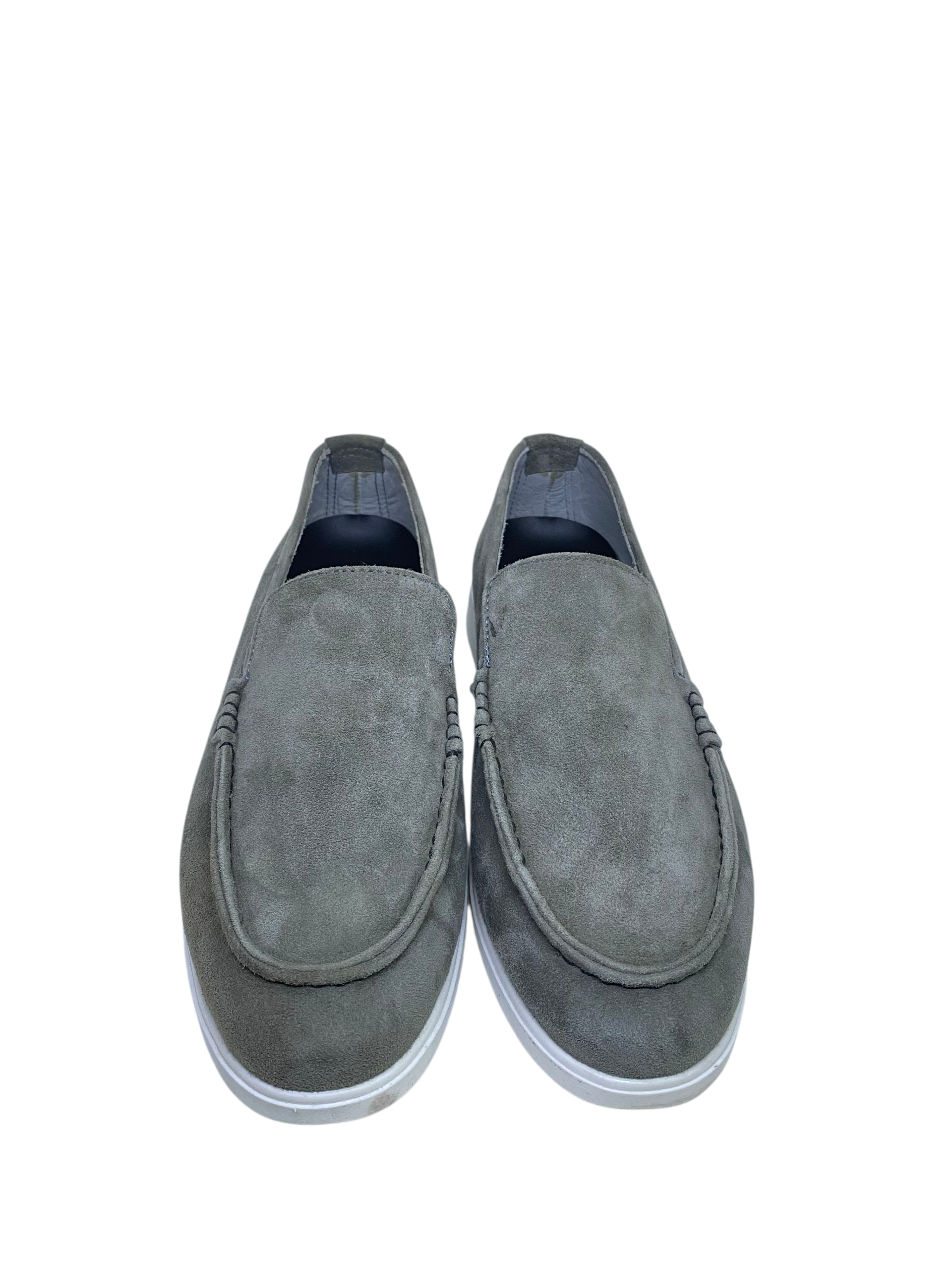 Muted Grey Calf Leather Suede Loafers
