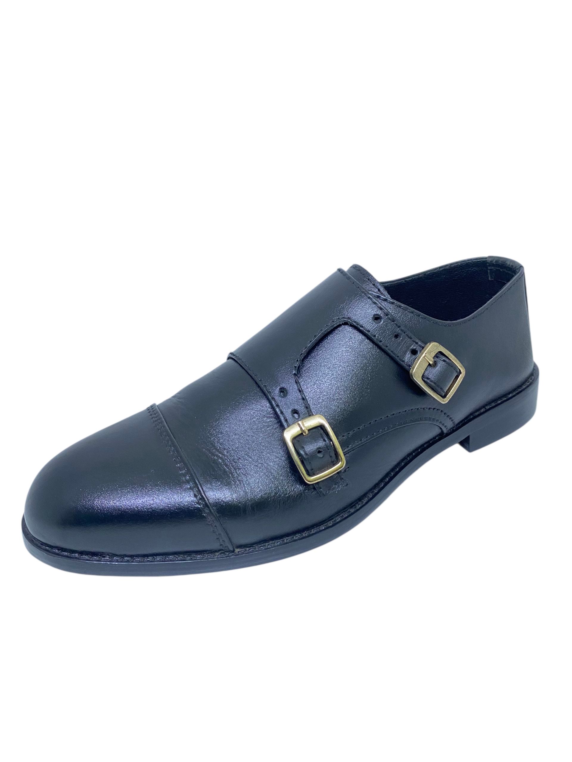 Black Leather Double Monk Strap Shoe