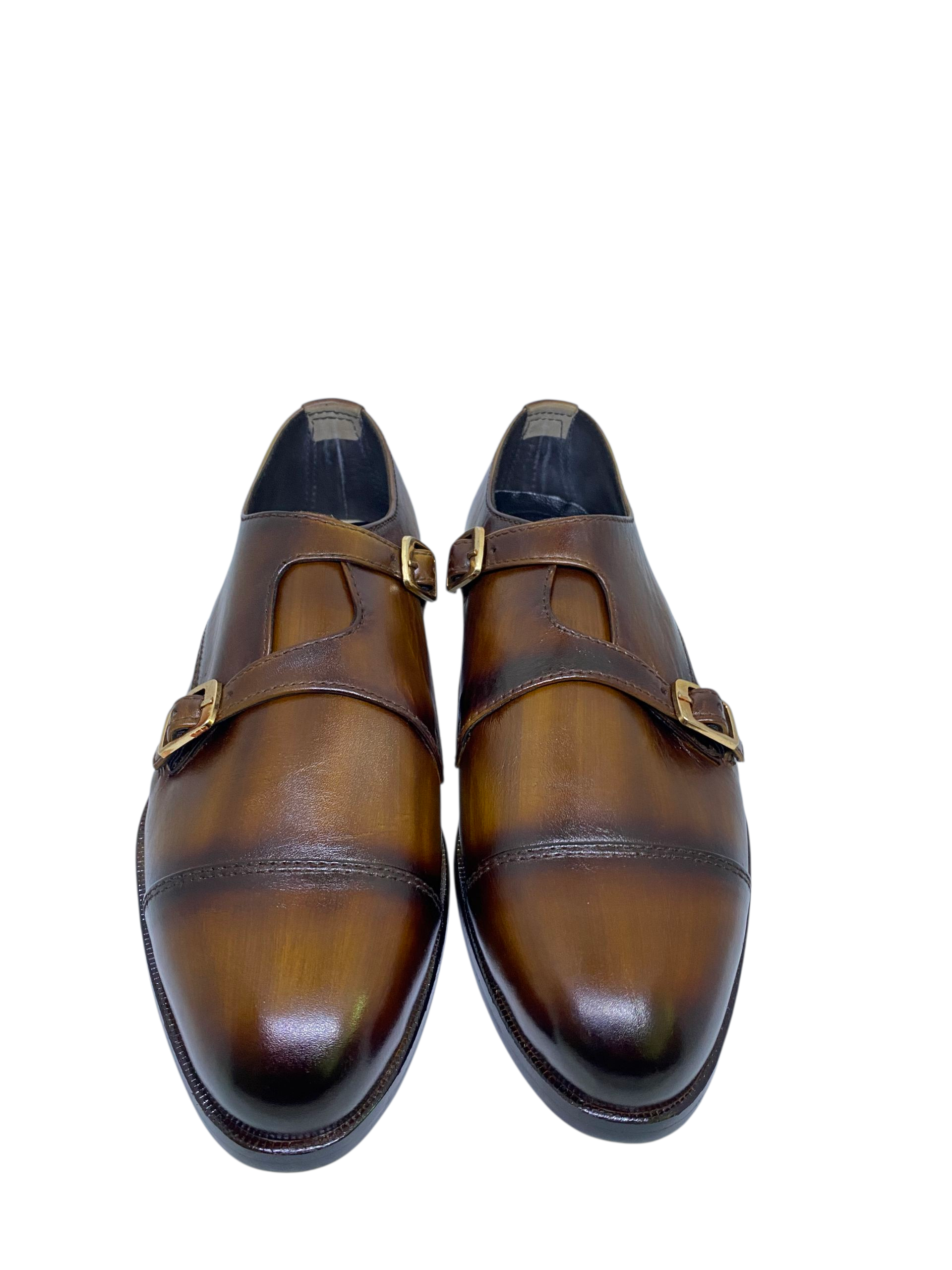 Espresso Brown Leather Cross Double Monk Shoes
