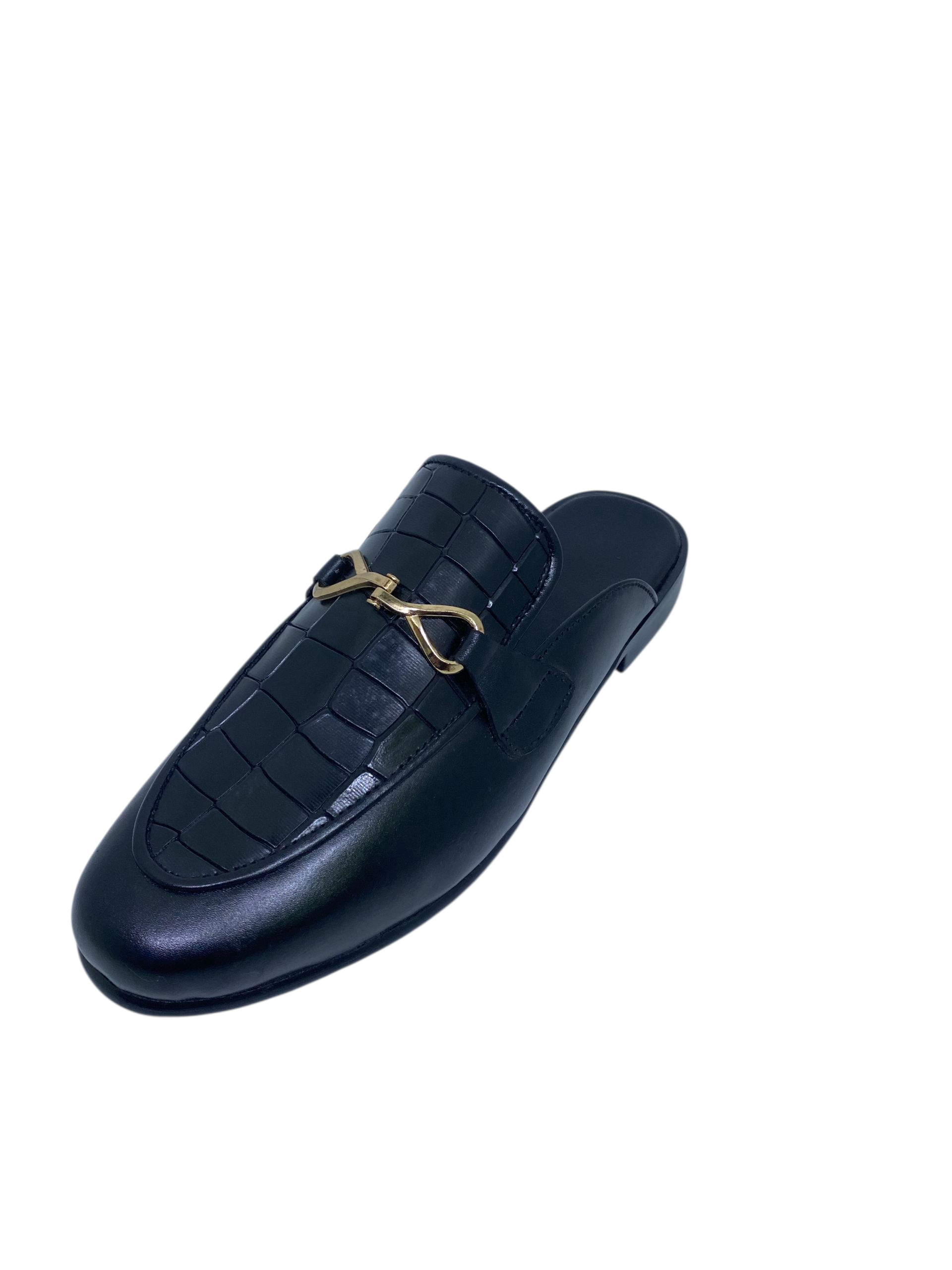 Crocodile Patterned Pure Black Leather Loafers