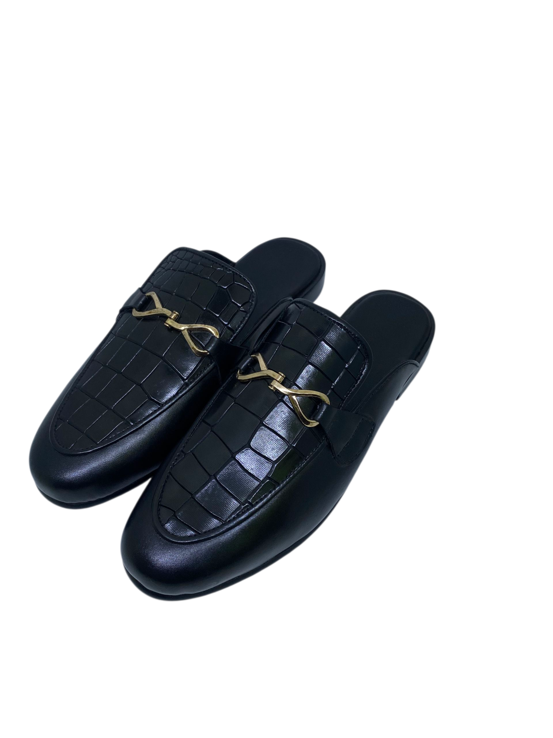 Crocodile Patterned Pure Black Leather Loafers