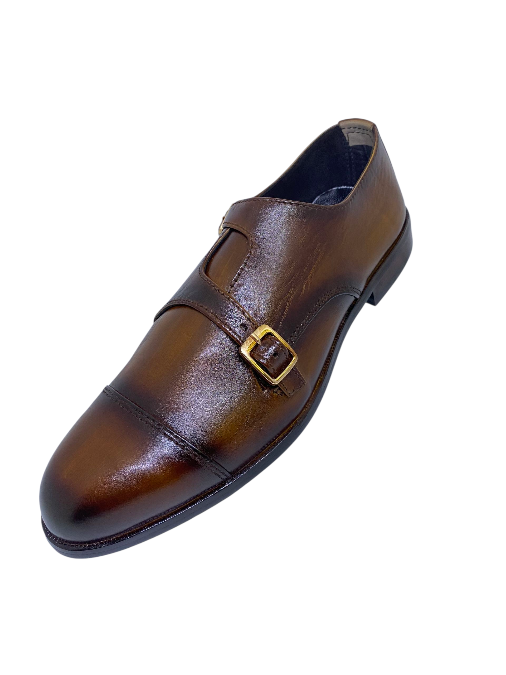 Espresso Brown Leather Cross Double Monk Shoes