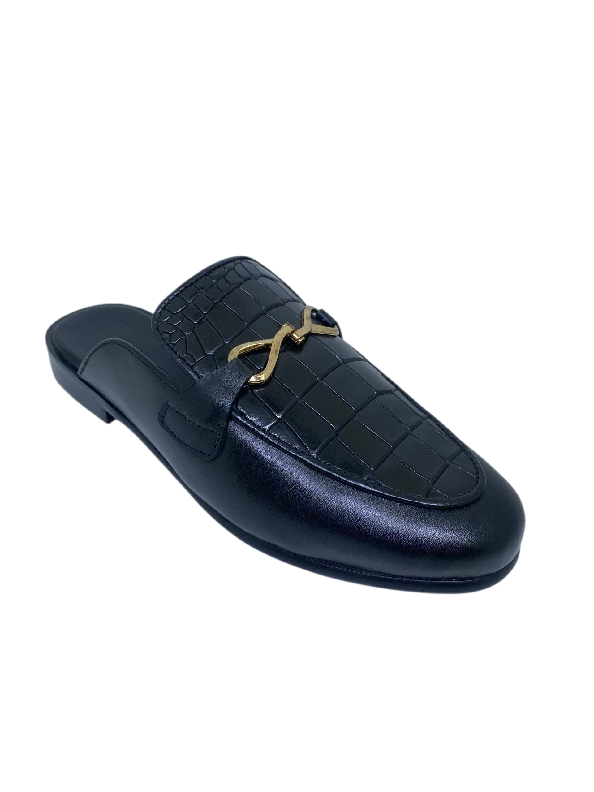 Crocodile Patterned Pure Black Leather Loafers
