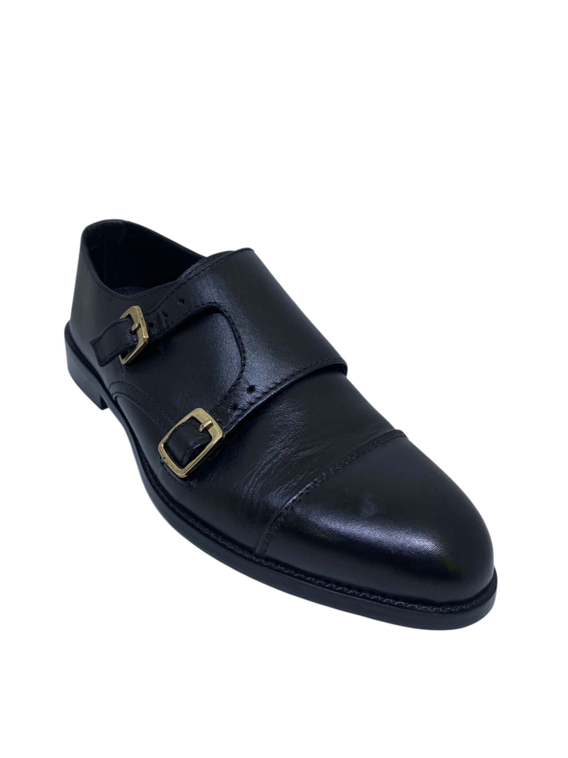 Black Leather Double Monk Strap Shoe