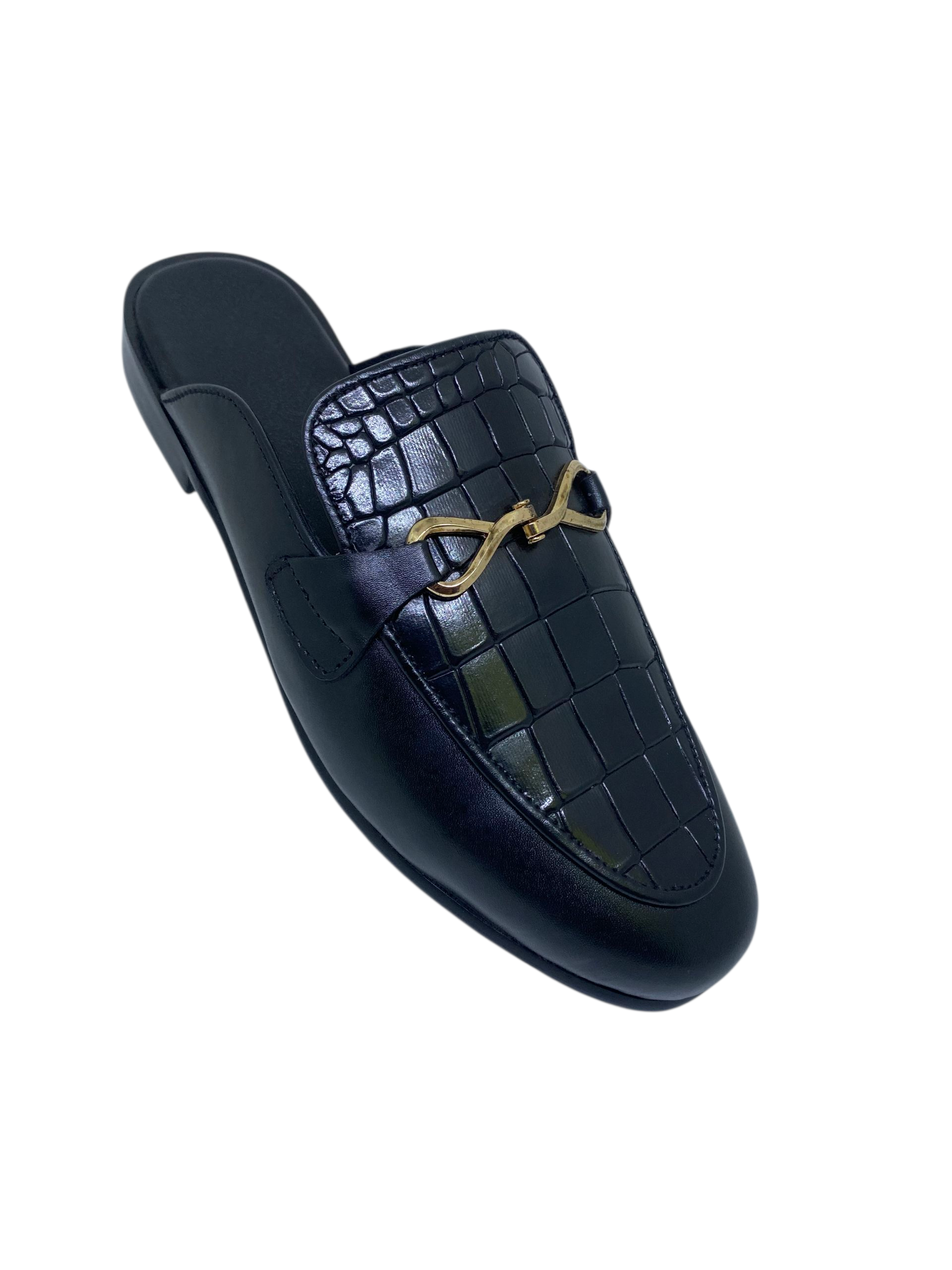 Crocodile Patterned Pure Black Leather Loafers