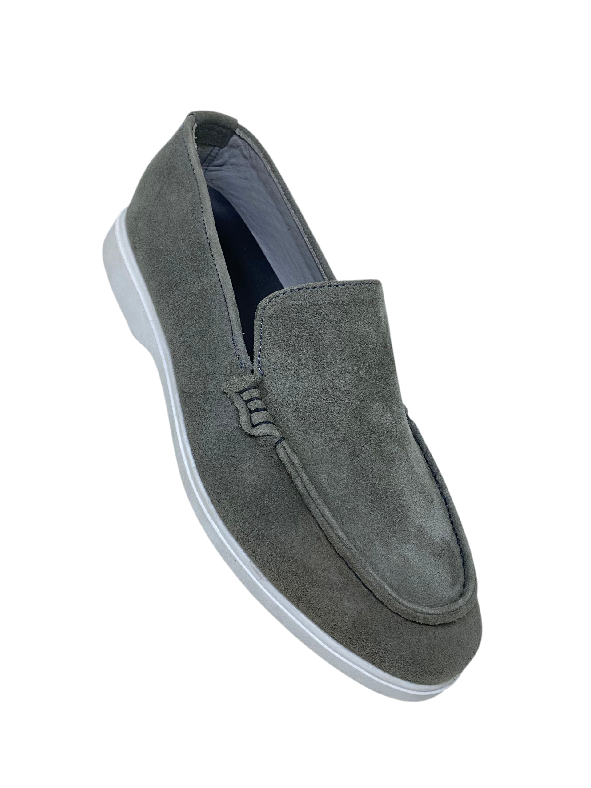 Muted Grey Calf Leather Suede Loafers