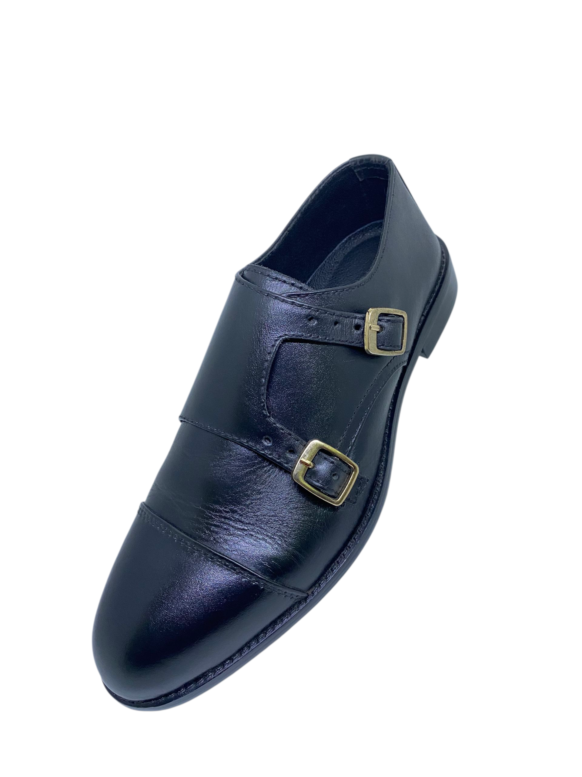 Black Leather Double Monk Strap Shoe